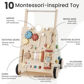 PTINFLUCE Wooden Baby Walker, Baby Push Walker for Boys and Girls 12 Months+, Adjustable Speed and Height Activity Walker, Montessori Push Toy for Toddler Learning to Walk