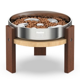 Feedoo Elevated Dog Bowl Stand, 6'' Height Raised Stand for Medium Dogs, Includes 2Cups Stainless Steel Slow Feeder Dog Bowl, Durable Solid Hardwood