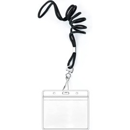 50 Clear Plastic Horizontal Name Tags Badge ID Card Holders and 50 Flat Neck Black Lanyards with Swivel Hook
