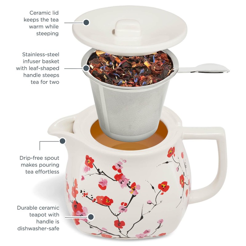 Tea Forte Fiore Sakura Cherry Blossom Ceramic Teapot with Removable