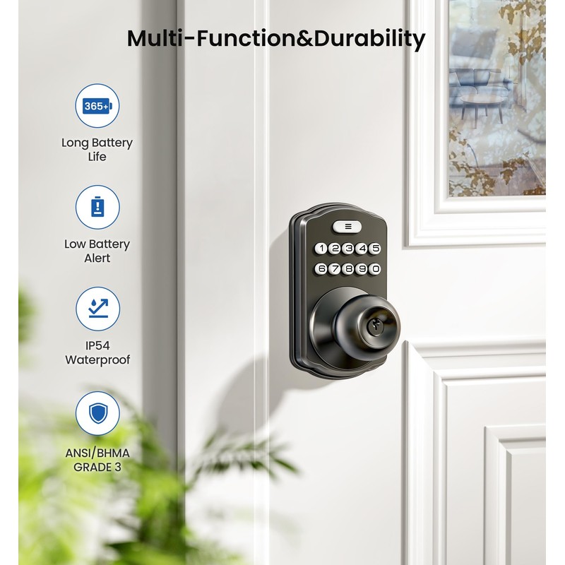 Veise Keypad Door Lock with Knob, Keyless Entry Digital Lock