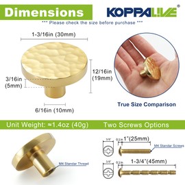 KOPPALIVE 5-Pack Modern Gold Cabinet Knobs, Hammered Solid Brass Drawer Knobs, Round Dresser Drawer Pulls and Handles, Kitchen Cabinet Hardware, Diameter 1-3/16 Inch