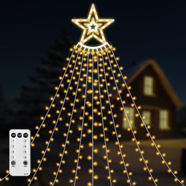 350 LED Christmas Decorations Star String Lights Waterproof Waterfall StarLights 8 Light Modes Remote & Timer,Waterproof Seasonal Lighting Decor for Home Xmas Tree Yard Wedding Party (Warm White)
