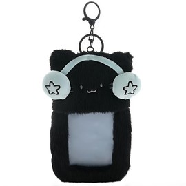 Cat Photocard Holder with Clear Window - Plush Kitten Badge Case for Student ID, Bus Card, and More (Black)