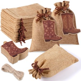 Mooliwe 50 Pcs Burlap Drawstring Bags with Boot Shape Tags, Western Cowgirl Sacks Bulk Reusable Burlap Candy Pouch for Cowboy Baby Shower Wedding Bachelorette Party Favors Supplies (Brown)