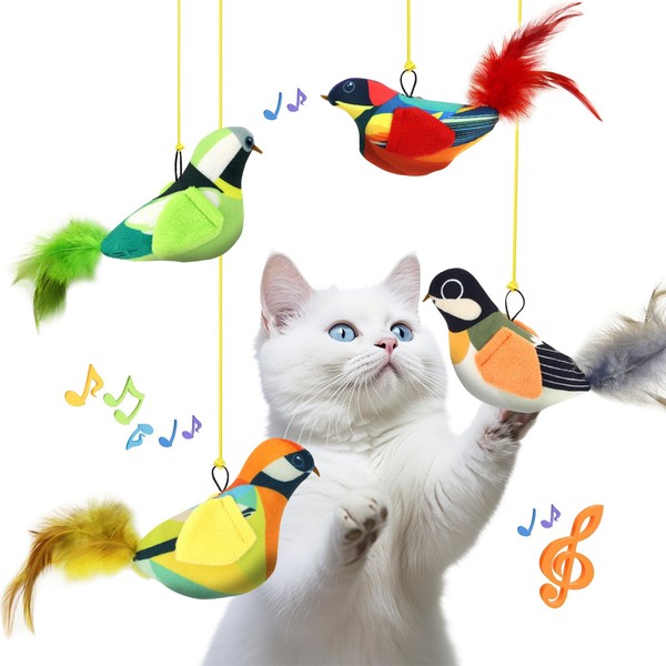 4PCS Interactive Hanging Bird Cat Toys Set - with Catnip,
