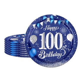 16pc Navy Blue 100th Birthday Plates - 9" Paper Plates for Party Decorations