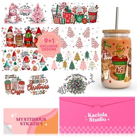 UV DTF Cup Wraps for 16 oz-9 Sheets Christmas Theme UV Stickers, 1 Sheet Mysterious Pattern UV DTF Transfer and Cleaning Kit, Rub on Transfers Stickers for 16 oz Libbey Glasses Crafting