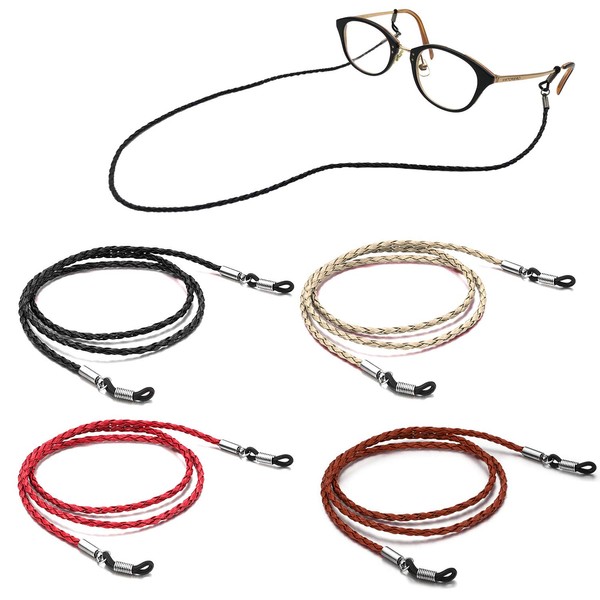 Tomorotec 4 Pack Eyeglasses Holder Strap Cord, Aphlos Eyeglass Retainer, PREMIUM LEATHER Eyeglasses String Holder Chain Necklace, Glasses Cord Lanyard (4 Colors)