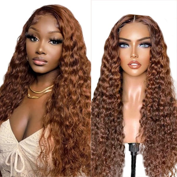 Hxxcoup Lace Front Wig Women's Real Hair Wig Brown 13 x 1 Lace Wig Human Hair Wig Water Wave Brown Hair Wigs for Unprocessed Brazilian Remy Hair Transparent Swiss 16 Inches