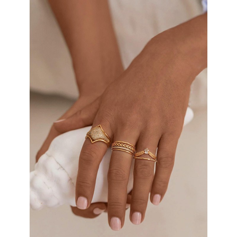 GNIRTSI Gold Ring for Women Rhombus Diamond Cubic Zirconia 14K