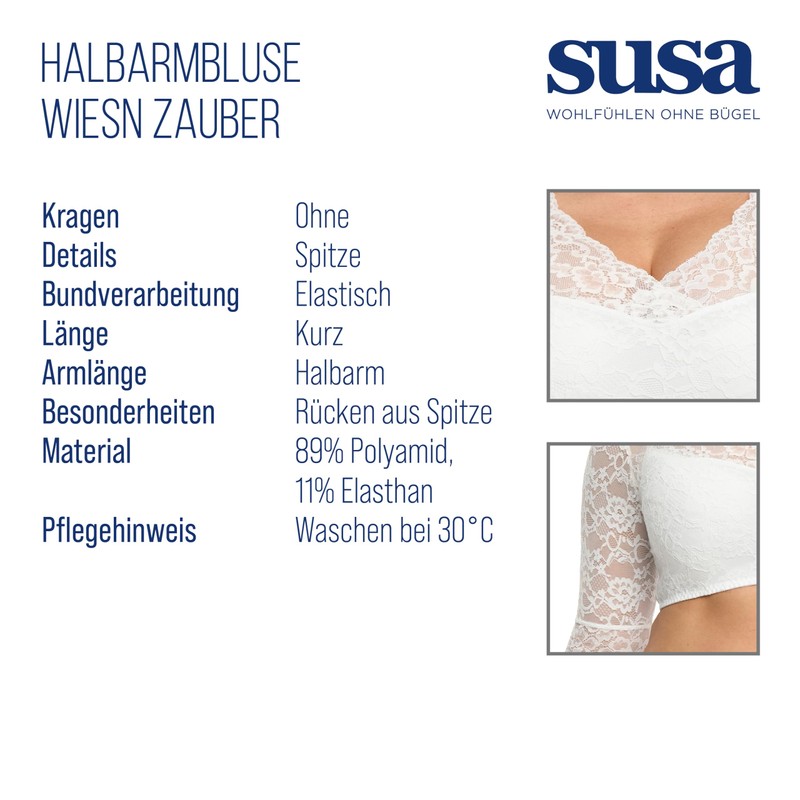 Susa Women's Half Sleeve Dirndl Blouse, White