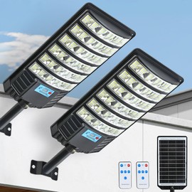 Solar Street Light with Motion Sensor, Solar Lights Outdoor Waterproof IP66, Dusk to Dawn Security Flood Light with Remote for Yard Garden Driveway Parking Lot, LED Solar Powered Outdoor Lighting 2P