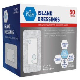 MED PRIDE Adhesive Island Dressing 2x3 in, Pack of 50 Sterile Bordered Wound Dressings, Highly Absorbent, Non-Stick, Latex-Free (2'' x 3.15'')
