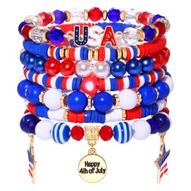 BSJELL 7 Pack 4th of July Beaded Bracelet Stackable Red White Blue American Flag Beaded Stretch Bracelet Holiday Happy 4th of July Stars Charm Bracelets Festive Patriotic Jewelry Gifts for Women
