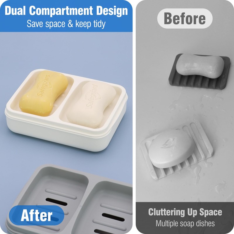 Dual Compartment Soap Dish, Double Bar Soap Holder, Solid Shampoo