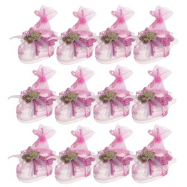 Mega Crafts Clear Pink Acrylic Baby Bootie Favor Boxes with Pacifier, 12 Pack, Decorative Ribbon Candy Holders for Baby Showers, Gender Reveal, 3 x 3 Inches
