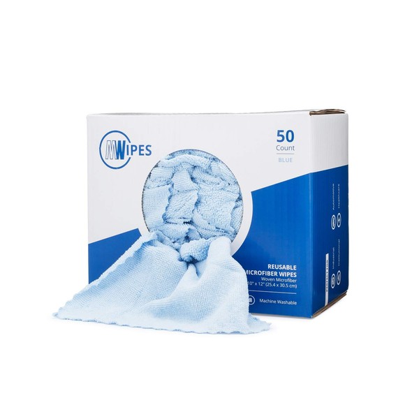 Microfiber Rags In A Box (50 count) - Mwipes - 10" x 12" Reusable Wipes for Cleaning - Edgeless Terry Towels, Shop Rags, Wash, Dust, Disposable, House, Small Cleaning Cloths (Blue)
