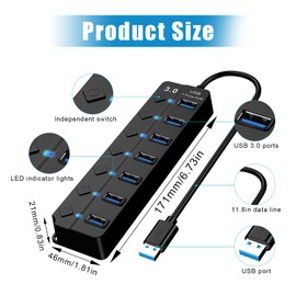 7-Port USB Hub 3.0 with Individual Switches & Lights Multiple Port USB Adapter Powered USB Splitter Extension with 5V/3A Adapter High-Speed USB Expander for PC, Laptop, MacBook, Flash Drives