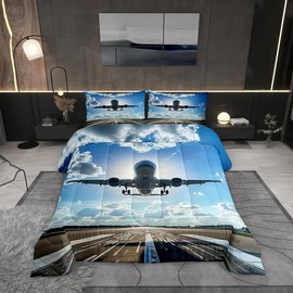 Manfei Airplane Kids Comforter Set Full Size,Vintage Aircraft Photography Military Style Duvet Set Bedroom Decor,Glitter Sunshine Blue Sky Plane Microfiber Soft Bedding Set