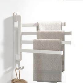 Swivel Towel Racks for Bathroom/Kitchen, Wall Mounted No Drill Heavy Duty Towel Holder with Multi-Bar, Carbon Steel Stainless Swing Rod Towel Bar,White 4-Arms Space Saving Adhesive Towel Hanger Bath