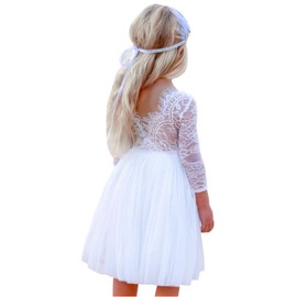 2Bunnies Girl Rose Lace Back A-Line Straight Tutu Tulle Party Flower Girl Dresses (White Long Sleeve Knee, 3T)