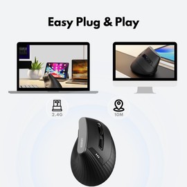 Uineer Vertical Mouse Wireless, 2.4G Rechargeable Mouse with Battery Indicator,4 Level DPI,Ergonomic Design for Comfort and Reduced Wrist Strain, Ideal for Home,Office Use (Black)