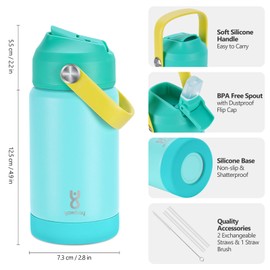 Kids Insulated Water Bottle with Straw Lid & Silicone Handle,12oz Kids Leak Proof Water Bottle for School Boys Girls,Double Wall Vacuum Stainless Steel with Non-slip Silicone Base(Lake Blue)