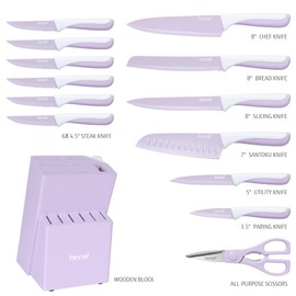 hecef 15 Pieces Kitchen Knife Set with Built-in Sharpening Wooden Block, Dishwasher Safe, High Carbon Stainless Steel Knife Block Set with Steak Knives, Kitchen Scissors, Purple