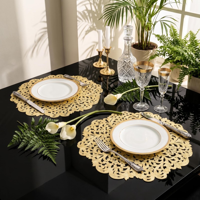 FAVE Gold Round Placemats Set of 6, Washable Place Mats