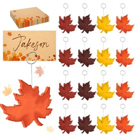 FYSUIMU Fall 16 Pcs Wooden Place Card Holders with Name Cards 4 Colors Maple Leaf Table Number Holder Display Stand for Thanksgiving Autumn Party Table Setting Supplies,3 x 3 Inch