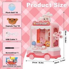 Claw Machine Mini Arcade Machine Toy with 10 Dolls ,10 Twist Claw Machine Toys Mini Doll Grabber with Light and Music Rabbit Decoration Interactive Toy Crane Game for Kids Boys and Girls 3+,Pink