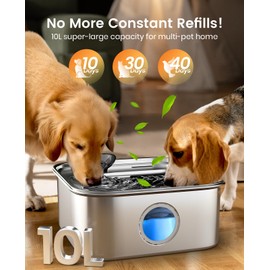 oneisall Dog Water Fountain for Large Dogs, 10L/2.6Gal Stainless Steel Automatic Dog Water Bowl Dispenser with Deeper, Wider Drinking Area, Water Window & Triple Filtration for Large Dogs & Multi-Pet