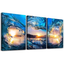 DZRWUBHS Canvas Wall Art For Living Room Bedroom Wall Decor Office Wall Pictures Blue Sea View Wall Paintings Sunrise Ocean Waves Canvas Prints Artwork Large Size Room Home Decor 16" X 24" 3 Piece