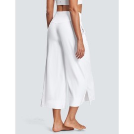 ISEEGZ 25" Wide Leg Yoga Pants for Women High Waisted Womens Loose Lounge Cropped Pants Travel Crop Pants with Pockets White