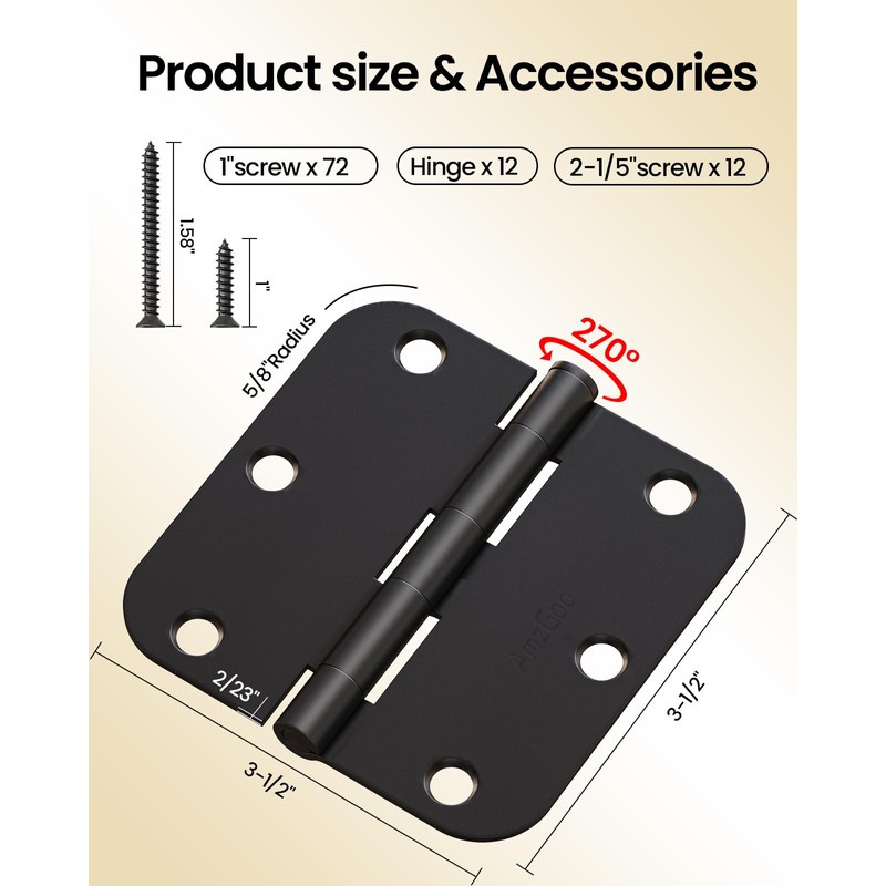 Black Door Hinges - 12 Pack 3.5 Inch Rounded with
