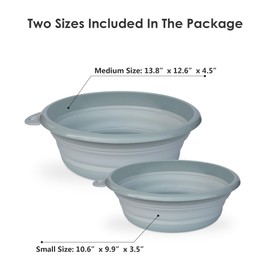Emiyea Collapsible Wash Basin Set (2 Pack) - Round Portable Foldable Plastic Basins for Laundry, Travel, Camping - Small & Medium Sizes (Blue)