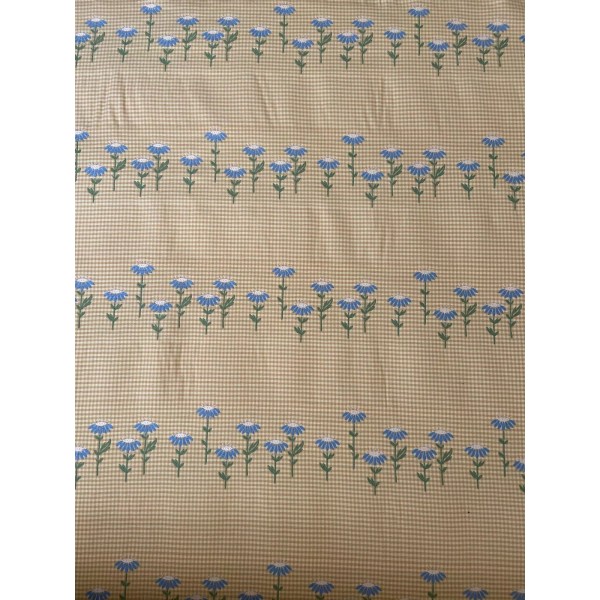 Unbranded Yellow Gingham with Blue and Green Embroidered Flowers Fabric