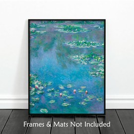 | Monet Water Lilies Art, Claude Monet Landscape Print - Vintage French Country Wall Art, Turquoise Blue Coastal Decor, Summer Impressionist Flower Art (11x14 Print - Unframed)
