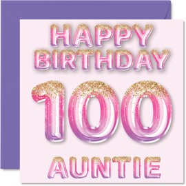 Stuff4 Auntie 100th Birthday Card - Pink & Purple Glitter Balloons - Happy Birthday Cards for 100 Year Old Aunt from Nephew Niece 145mm x 145mm