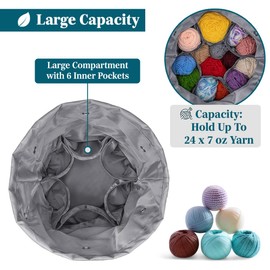 PAVILIA Crochet Bag Knitting Bag Organizer, Yarn Bag Storage Tote for Crocheting On The Go, Knitting Accessories Supplies Holder with Grommets, Gift for Crochet Lovers Knitters (Floral Gray)