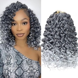 Colorful Queen Grey Curly Crochet Hair 14 Inch GoGo Curl Crochet Hair for Women Short Beach Curl Water Wave Crochet Braids for Women 7 Packs Curly Braiding Hair for Boho Braids (14 Inch, 1B/Grey)