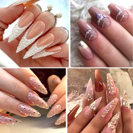 HNUIX Nail Rhinestones and Charms - 3D Round Multi Size Crystal, Clear & AB Nail Gems, White & Beige Pearls, Silver & Gold Metal Beads, with Kit, for Nail Art, DIY Decorations