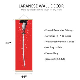 3PCS Japanese Wall Sword Decor, Wall Art, Home Decor for Bedroom, Samurai Armor Warrior Canvas Decorations With Scroll Wood Framed, Sushi Restaurant Decor, 11'' x35''