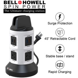 Bell+Howell Spin Power Strip Tower Surge Protector - 4 Outlets, 6 USB Ports, 40" Retractable Cord, 360° Rotation | Electric Charging Station with Built-in Phone & Tablet Holder | USB Outlet Extender