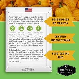 Yellow Habanero Pepper Seeds for Planting | Fruity Golden Heirloom Chili Variety | Non-GMO, Open-Pollinated - Survival Garden Seeds (1 Pack)