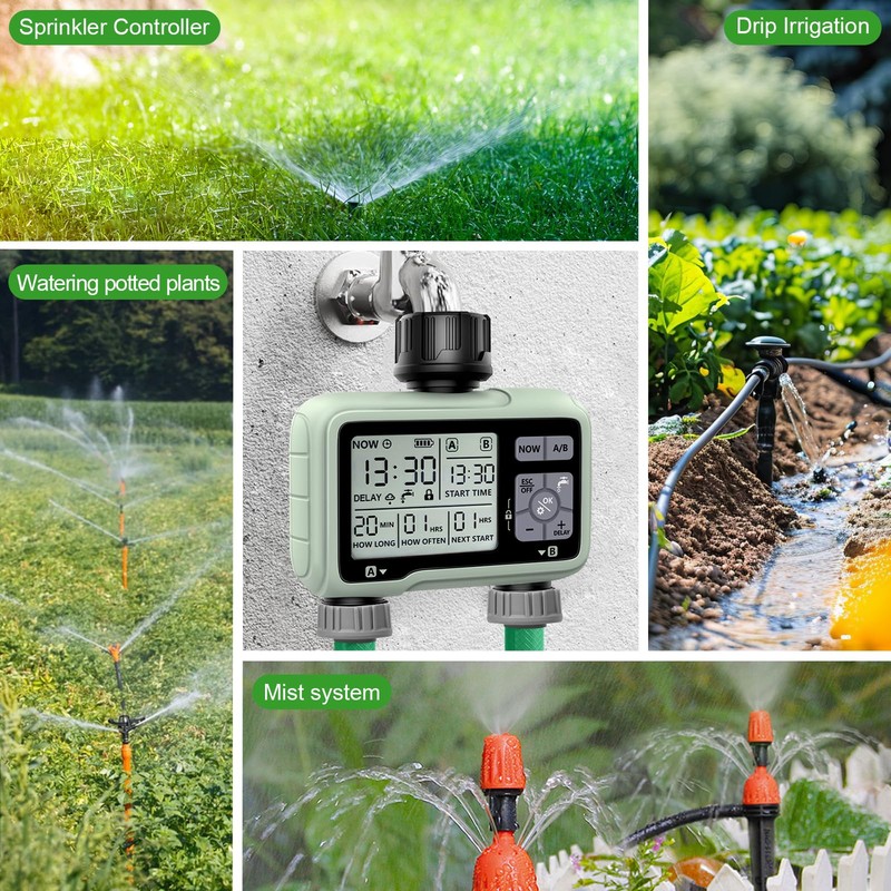 Irrigation Computer with 2 Independently Controlled Outputs, Digital Watering Timer