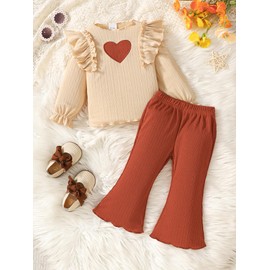 Ichigobaby Baby Girl Outfit 9-12 Month Girl Clothes Plain T Shirt Heart Top Long Bell Bottom Pants 2 Piece Baby Clothing Cute Outfits Infant Clothes