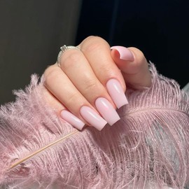 KQueenest Acrylic Press on Nails Long Square, Dusty Pink False Nails Long Medium Coffin, Glossy Natural Solid Color Fake Nails Set, Reusable Gel Stick on Nail for Women Finger Daily Wear 24 Pcs