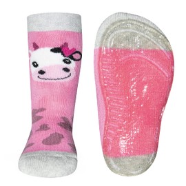 EWERS Pack of 2 Stopper Socks with Cow & Cow Stains, Socks with Non-Slip Sole for Girls, Non-Slip Socks with Rubber Sole, Made in Germany, 2 Pairs of Non-Slip Children's Socks, Grey Mel/Chinese Pink